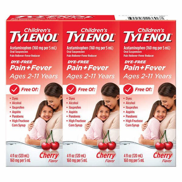 Children's Tylenol Dye-Free Pain+Fever Relief Liquid, Cherry Flavor 4 oz X 3 Bottles