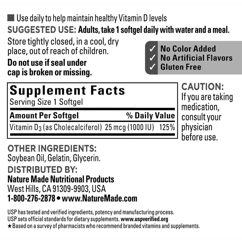 Nature Made Vitamin D3 25 mcg, 650 Softgels