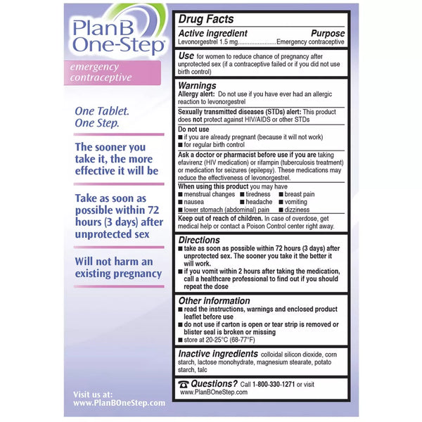 Plan B One-Step Emergency Contraceptive, 1 Tablet