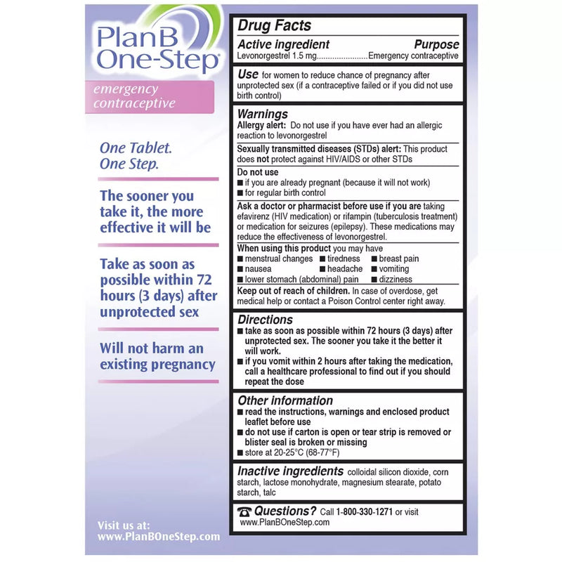 Plan B One-Step Emergency Contraceptive, 1 Tablet