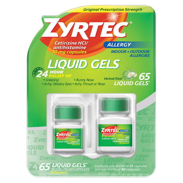 Zyrtec 24 Hour Allergy Relief Antihistamine Cetirizine HCl 10 mg, 65 Liquid Gels