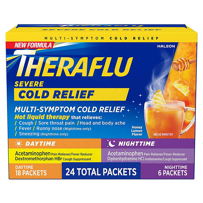 Theraflu Multi-Symptom Flu Relief Max Strength Day & Night Powder, Honey Lemon Flavor, 24 Count